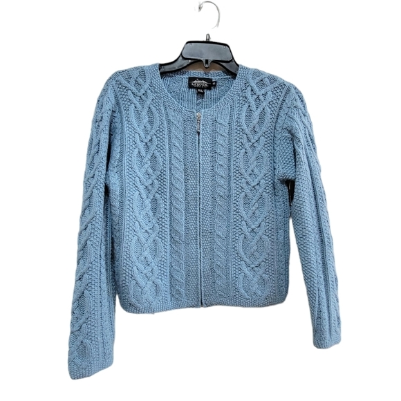 Icelandic Design Blue Cableknit Full Zip Crewneck Sweater Angora Silk Size XS - Picture 1 of 7